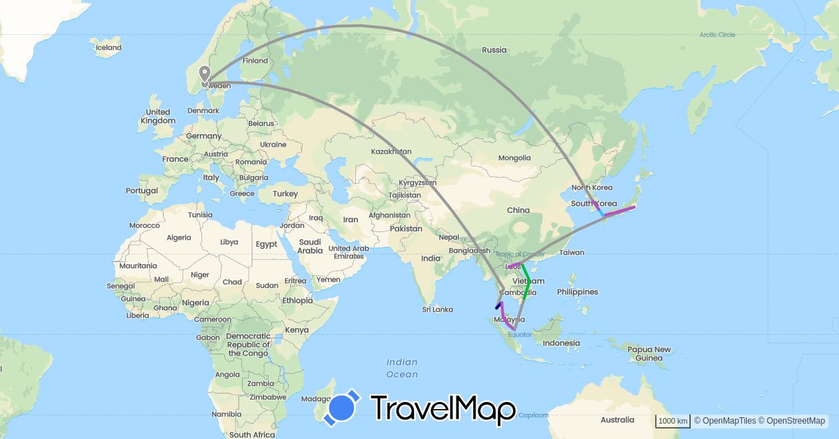 TravelMap itinerary: driving, bus, plane, train, boat in Japan, South Korea, Laos, Malaysia, Norway, Singapore, Thailand, Vietnam (Asia, Europe)