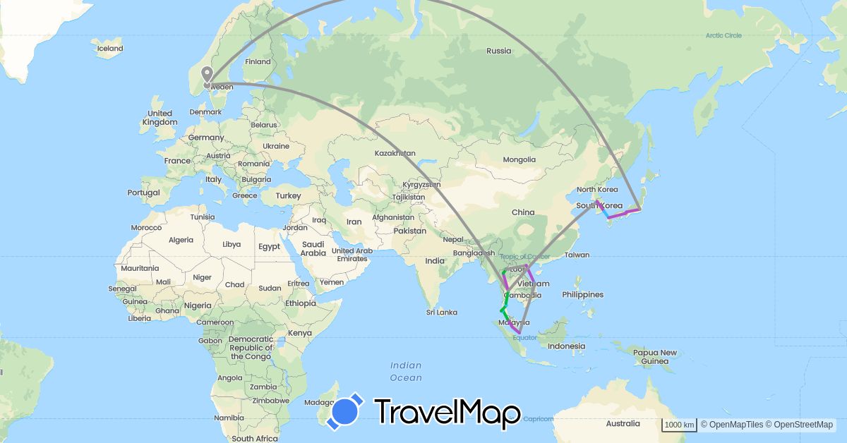 TravelMap itinerary: driving, bus, plane, train, boat in Japan, South Korea, Malaysia, Norway, Singapore, Thailand, Vietnam (Asia, Europe)